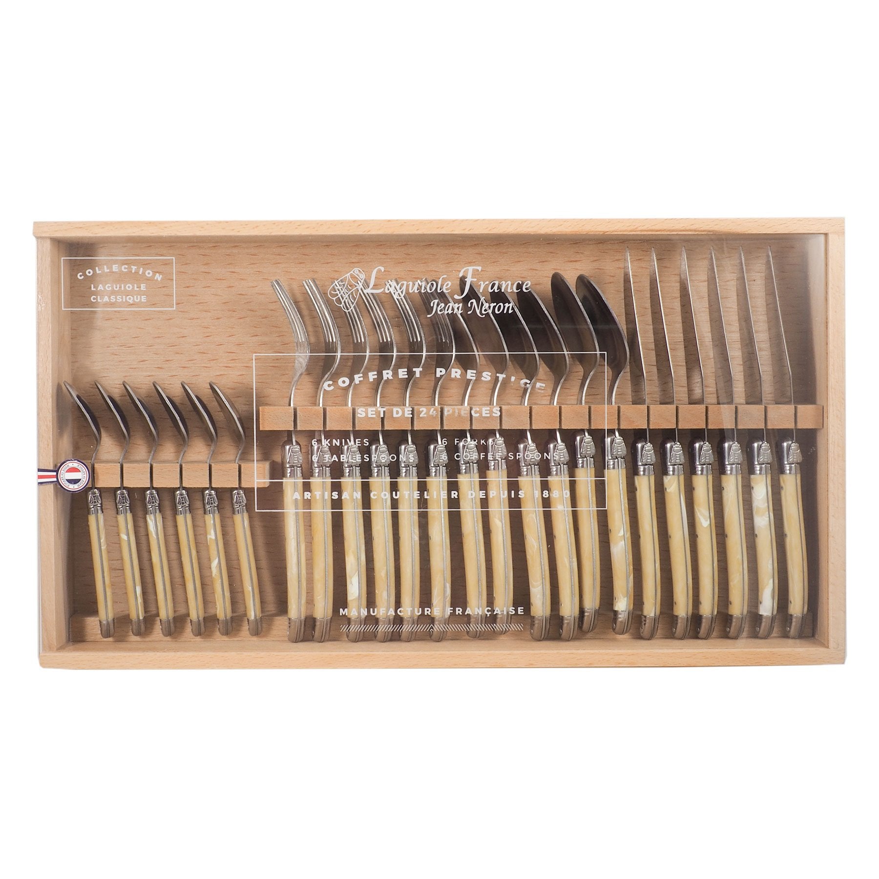 Lou Laguiole Authentic Cutlery Set 24 Pack grey with Wooden box