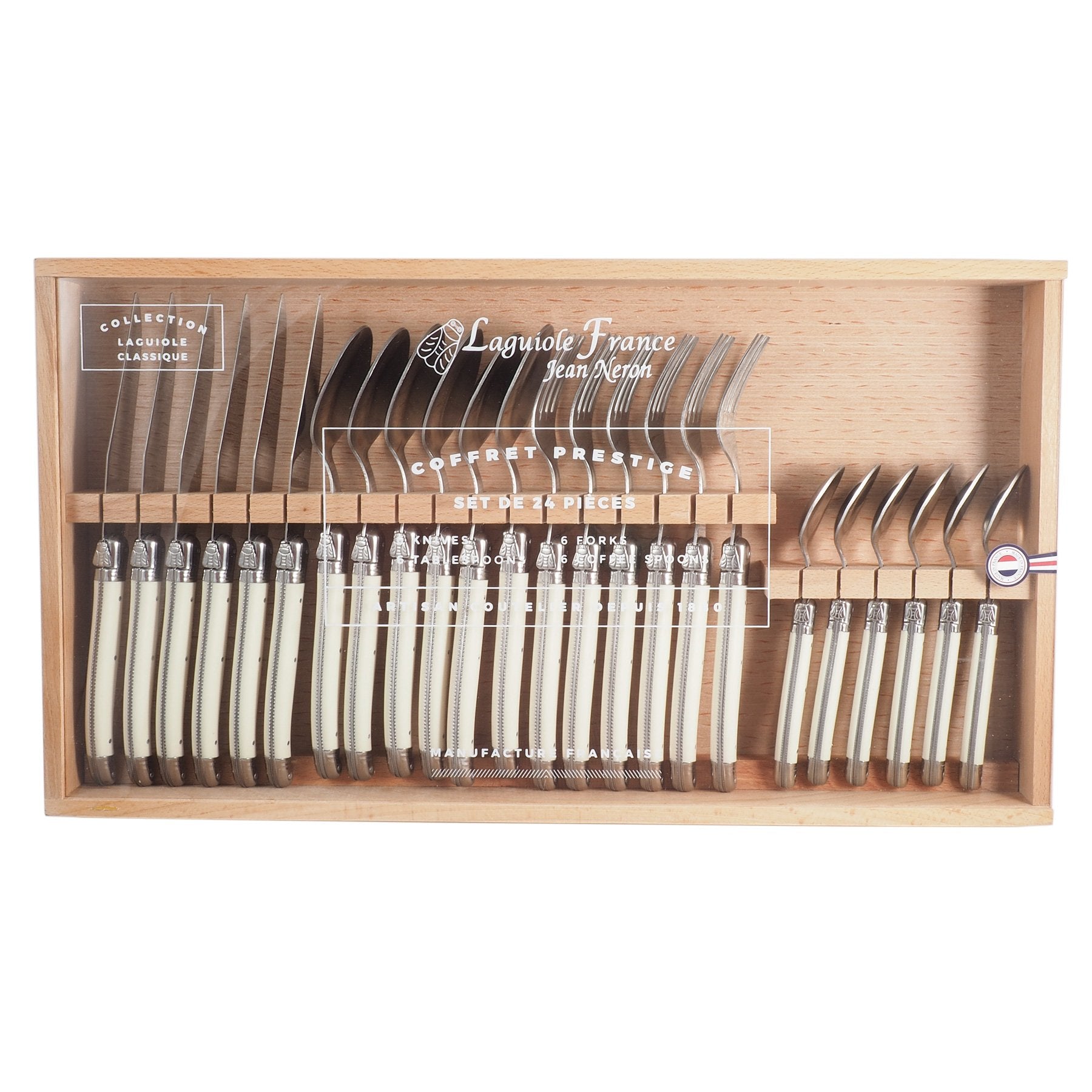 Laguiole 24 Piece Ivory Flatware in Wooden Box - French Dry Goods