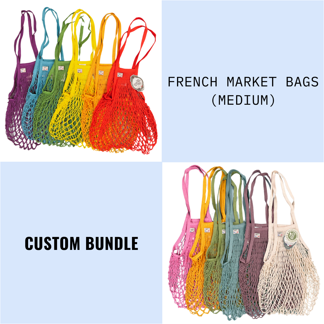 Text reads French market bags (medium) custom bundle. Array of net bags in several colors: purple, blue, green, yellow, orange, red, pink, gold, sage, teal, mauve, beige.