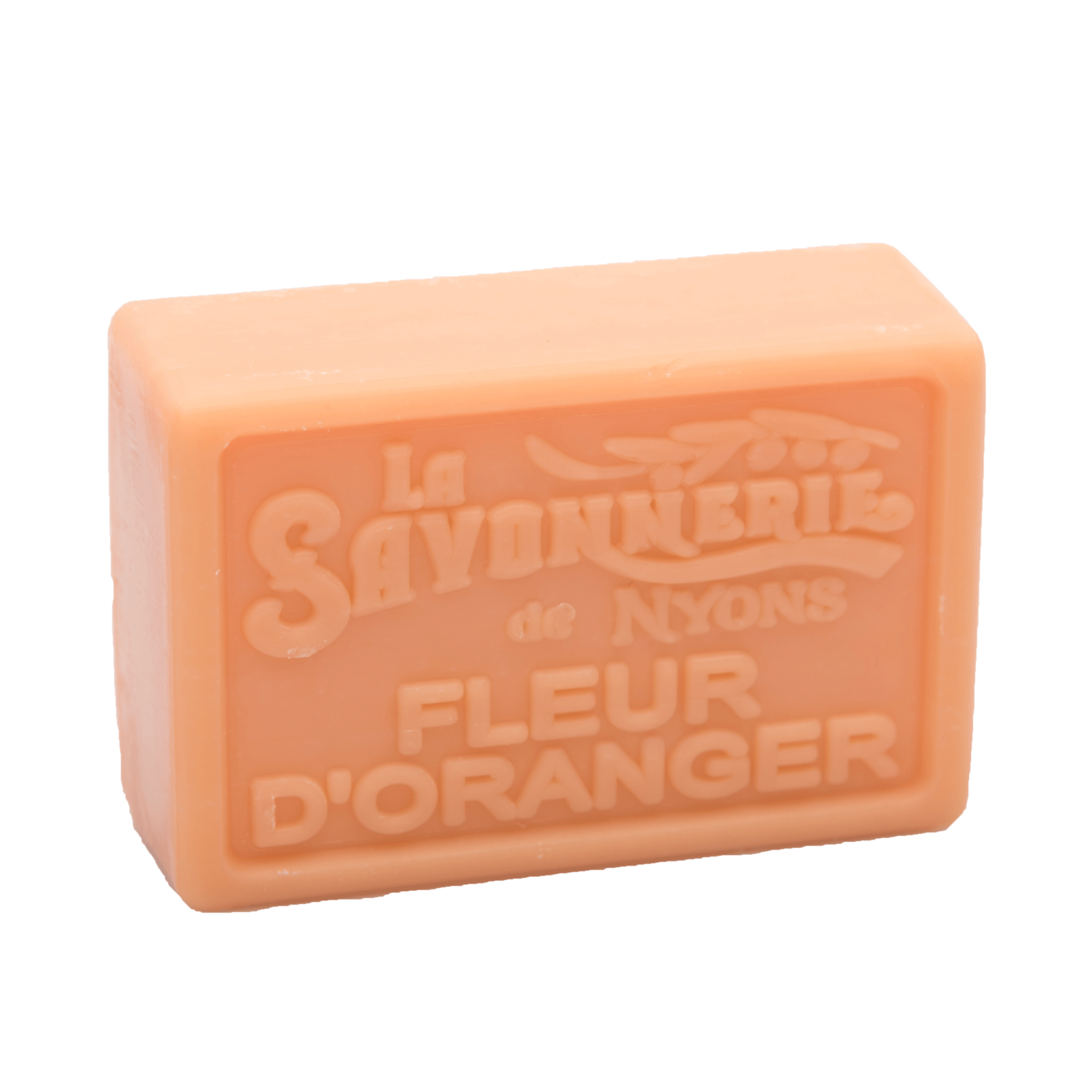 Orange bar of soap that readsLa Savonnerie de Nyons Fleur d'Oranger.