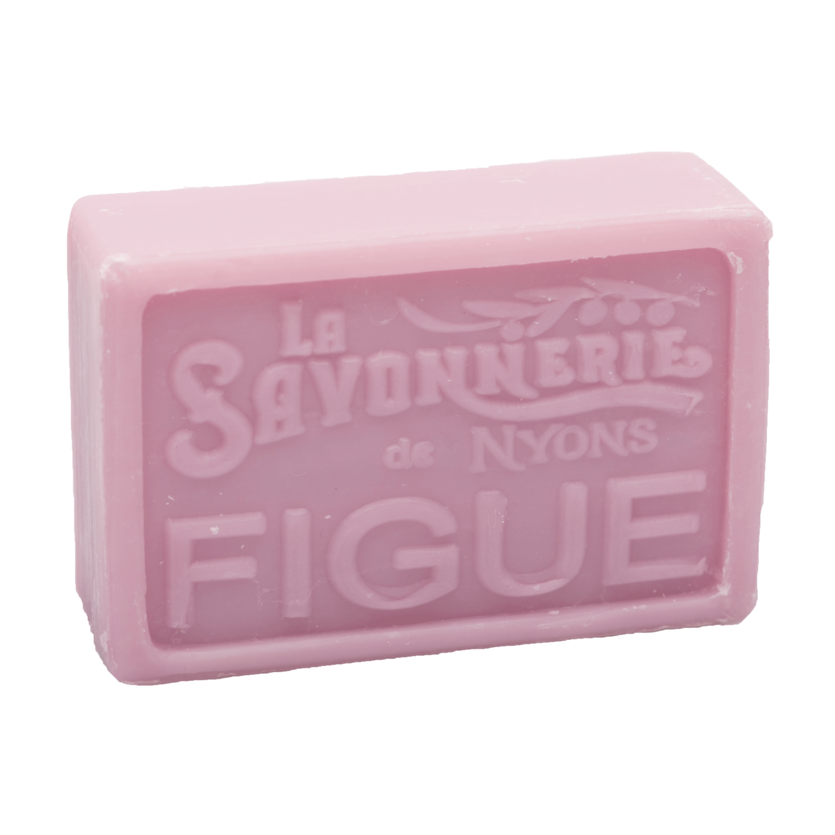 Pink bar of soap that reads La Savonnerie de Nyons Figue.