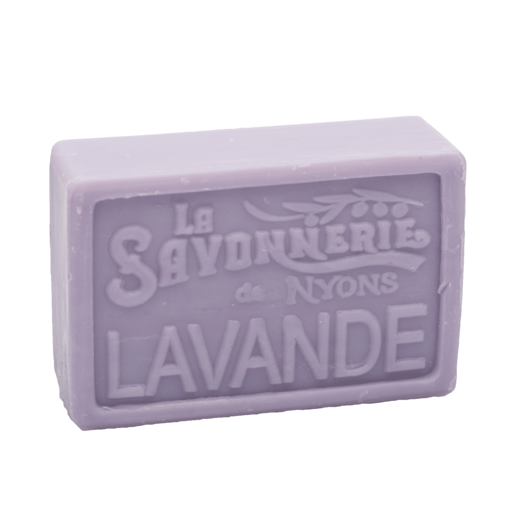 Purple bar of soap that reads La Savonnerie de Nyons Lavande.