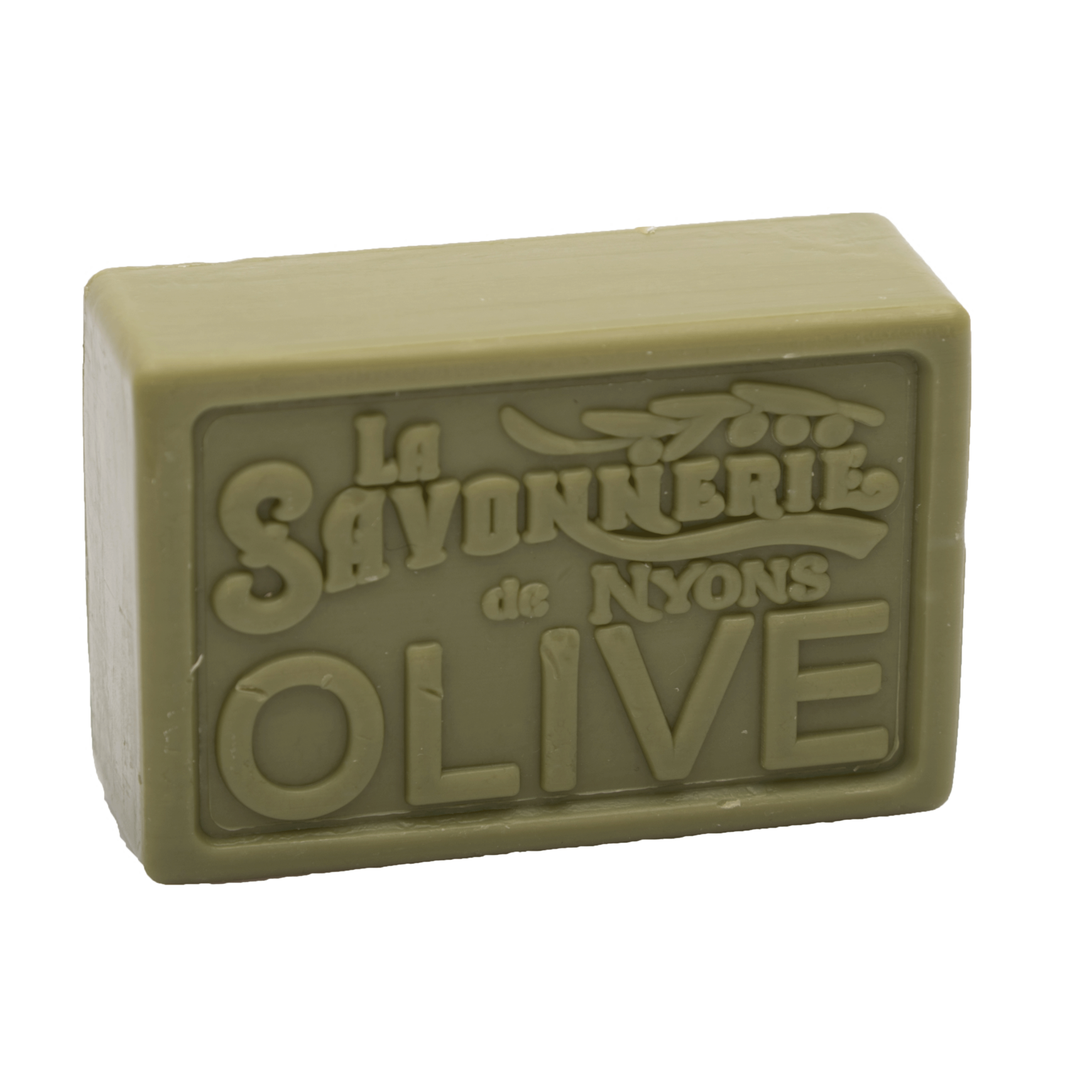 Green bar of soap reading La Savonnerie de Nyons Olive.