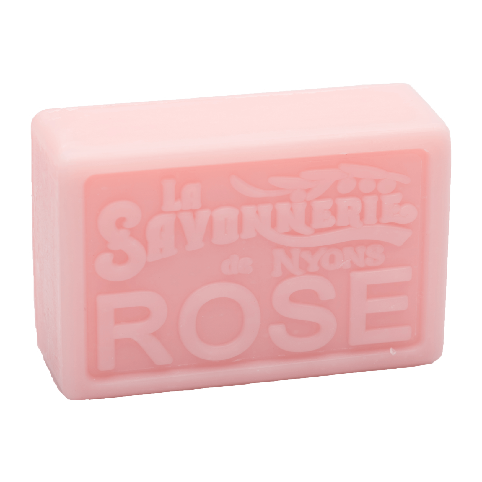 Pink bar of soap that reads La Savonnerie de Nyons Rose.
