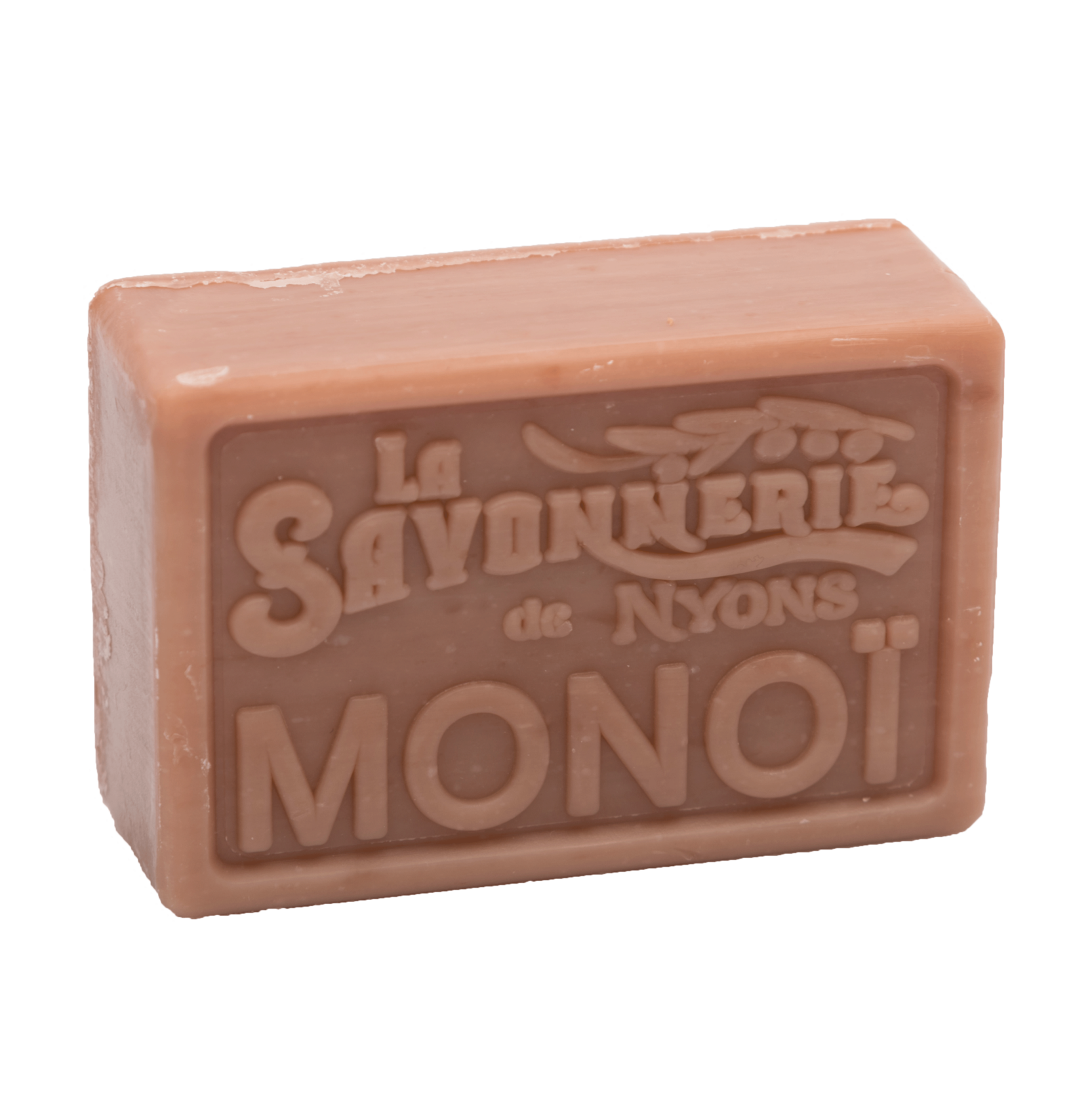 Brown bar of soap that reads La Savonnerie de Nyons Monoi.