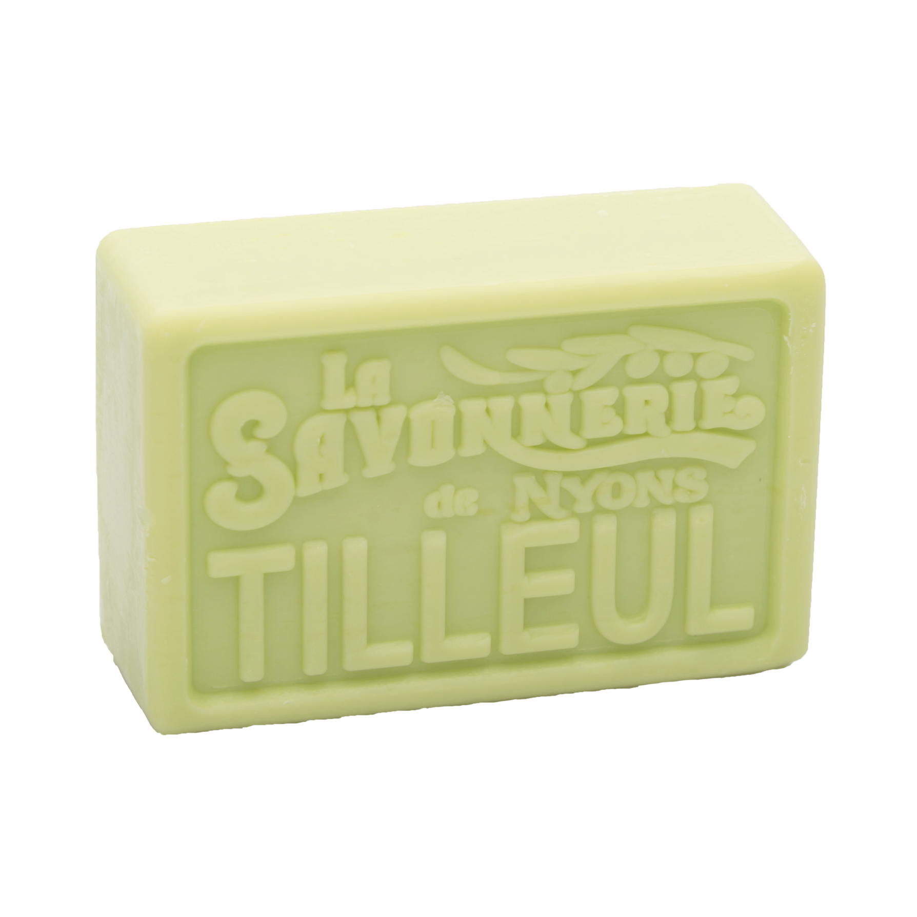 Green bar of soap reading La Savonnerie de Nyons Tilleul.