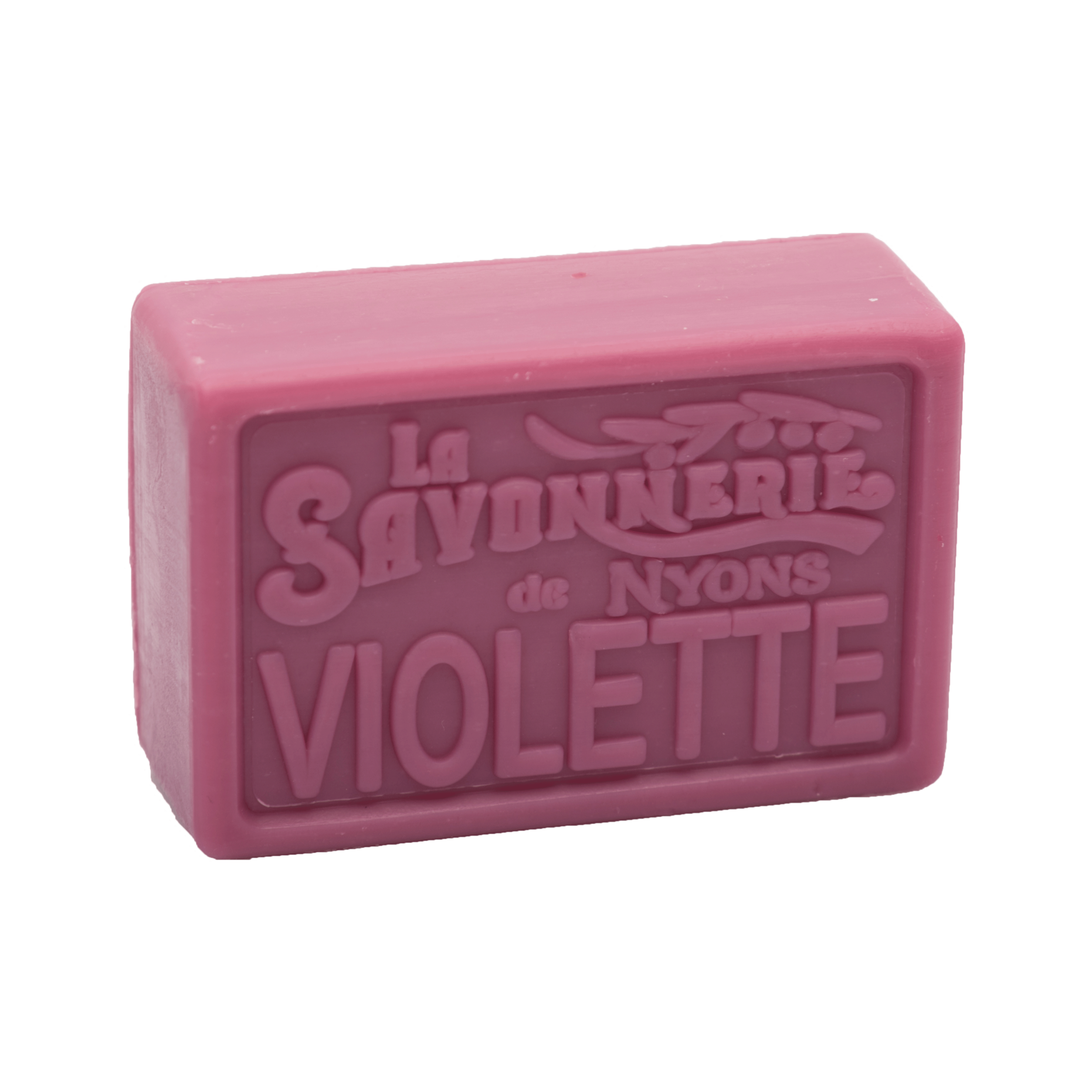 Purple bar of soap reading La Savonnerie de Nyons Violette.