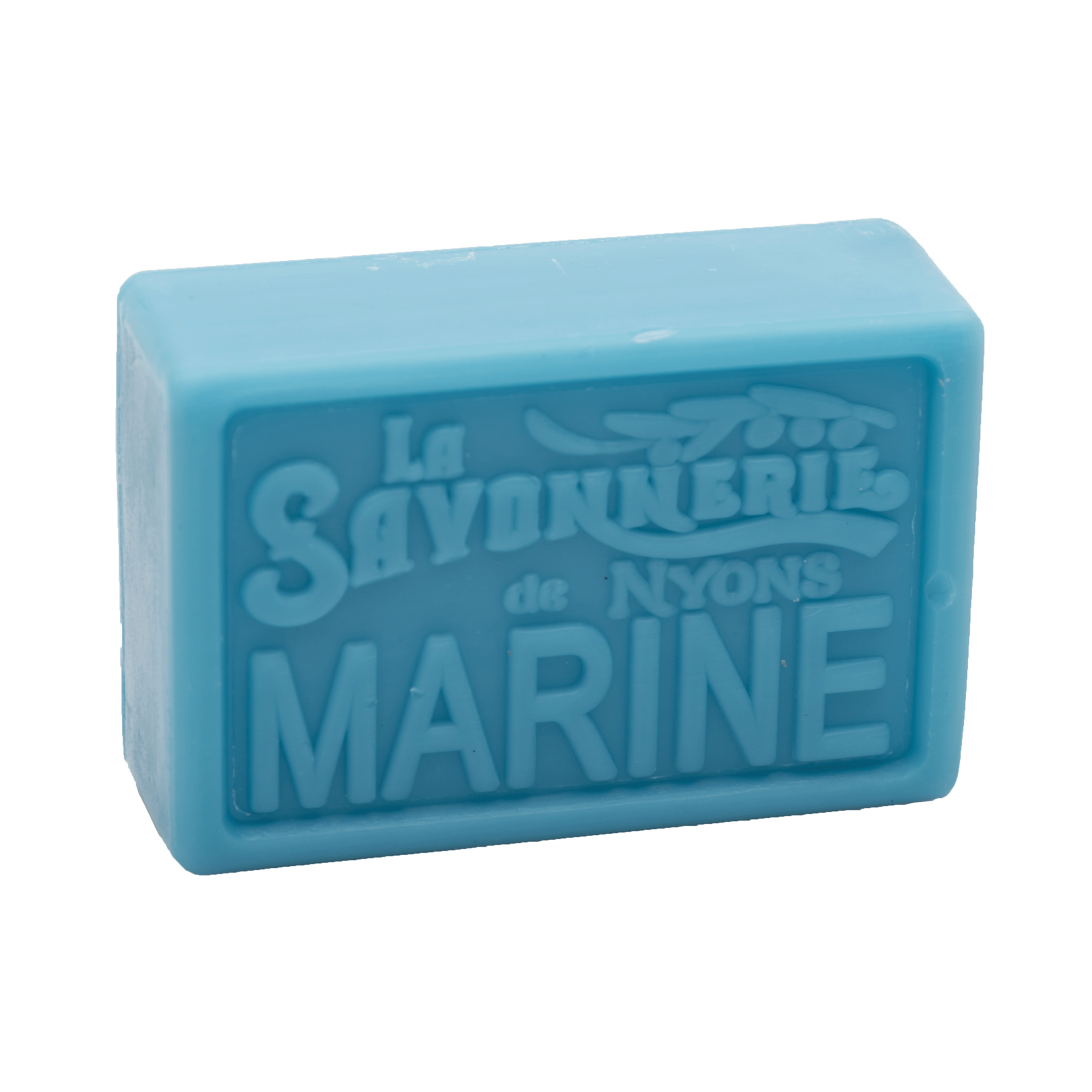 Blue bar of soap reading La Savonnerie de Nyons Marine.