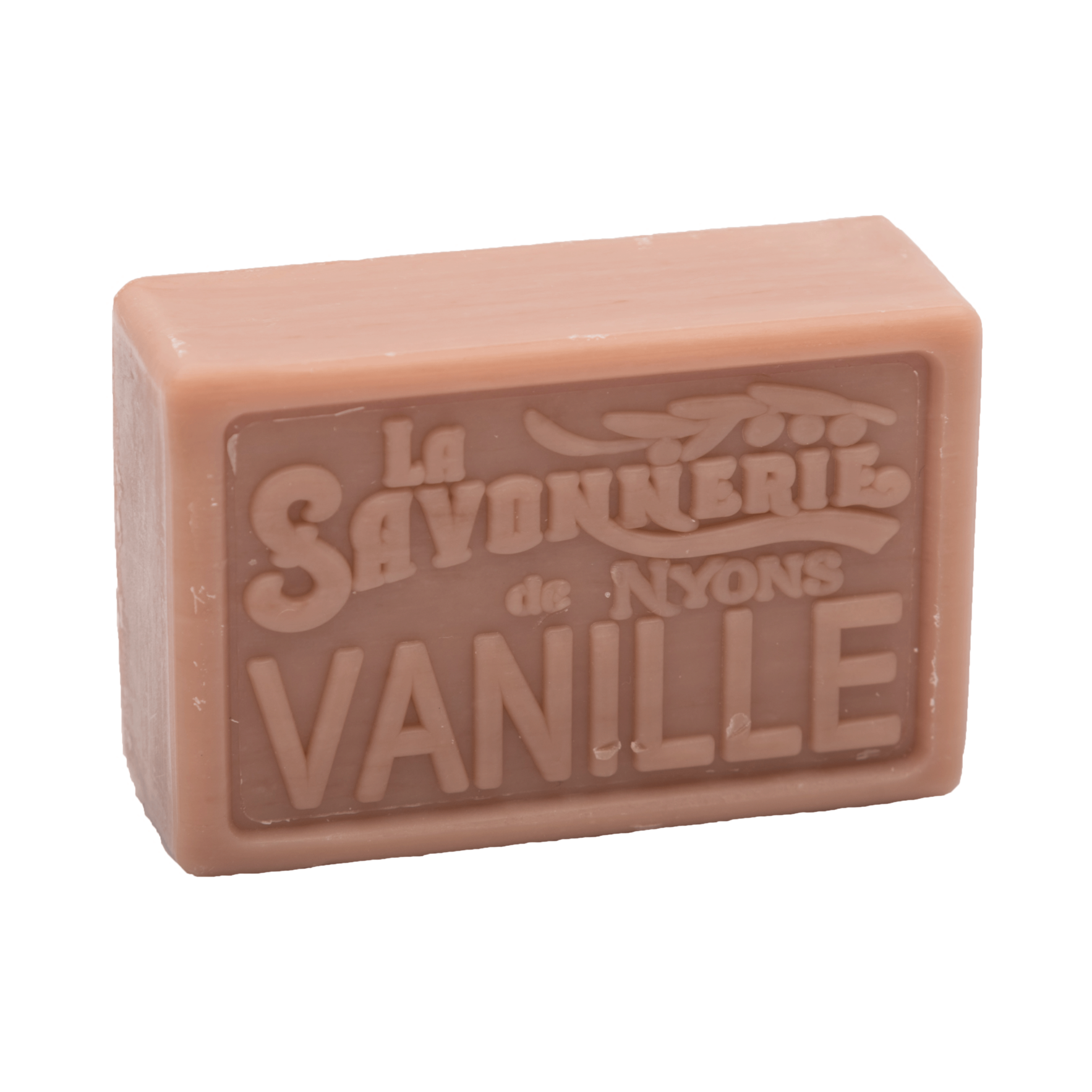 Reddish bar of soap reading La Savonnerie de Nyons Vanille.