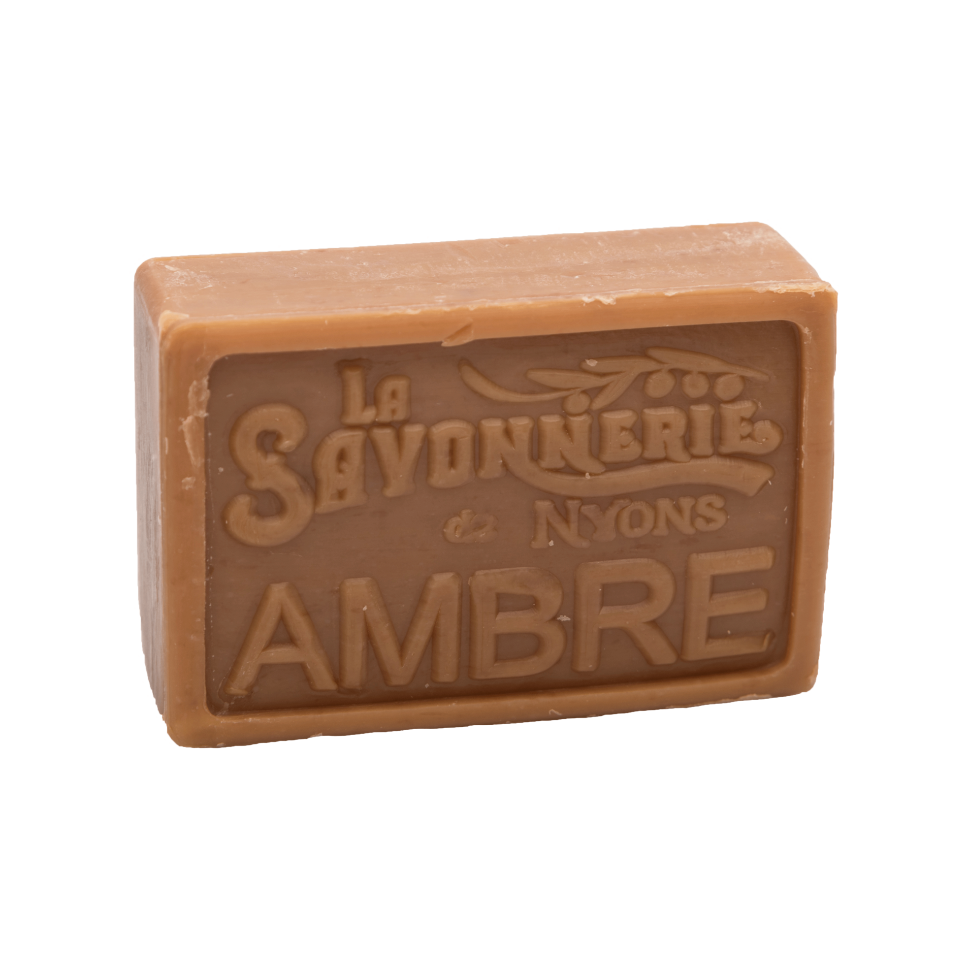 Brown bar of soap that reads La Savonnerie de Nyons Ambre.