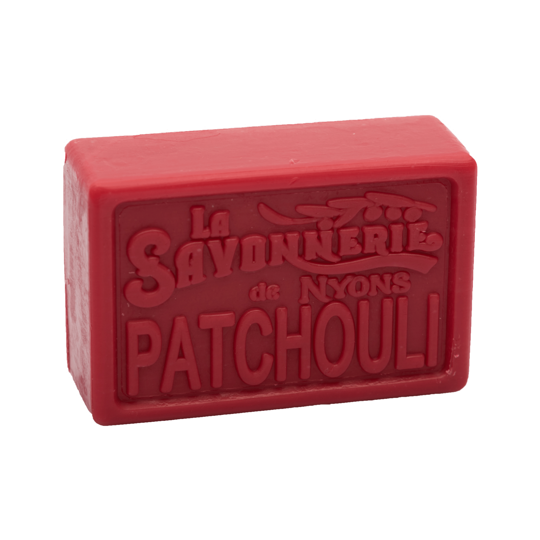 Red bar of soap reading La Savonnerie de Nyons Patchouli.