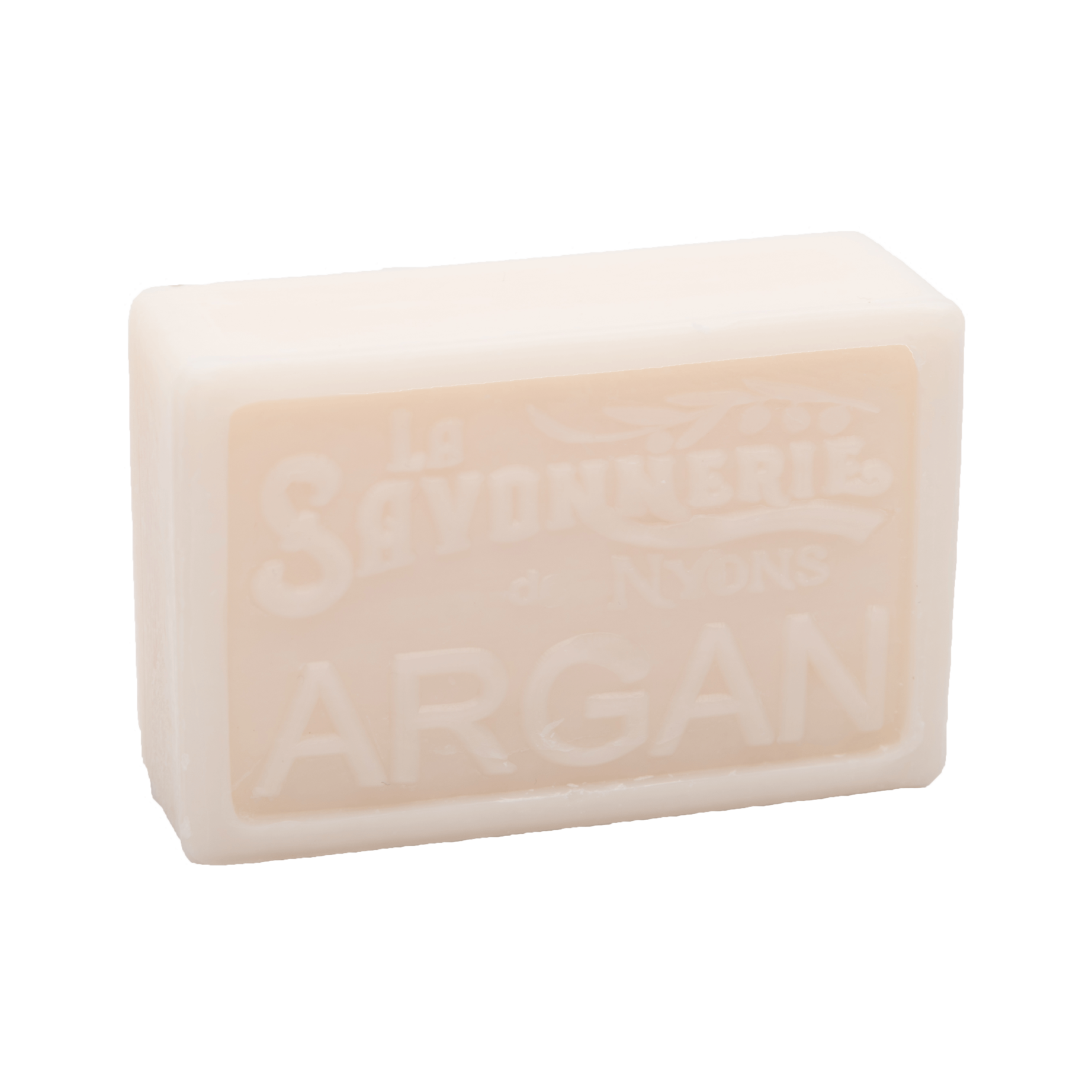White bar of soap that reads La Savonnerie de Nyons Argan.