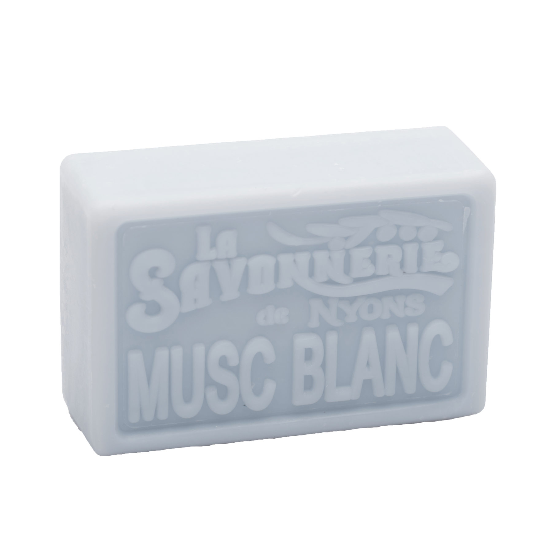 Blue bar of soap that reads La Savonnerie de Nyons Musc Blanc.
