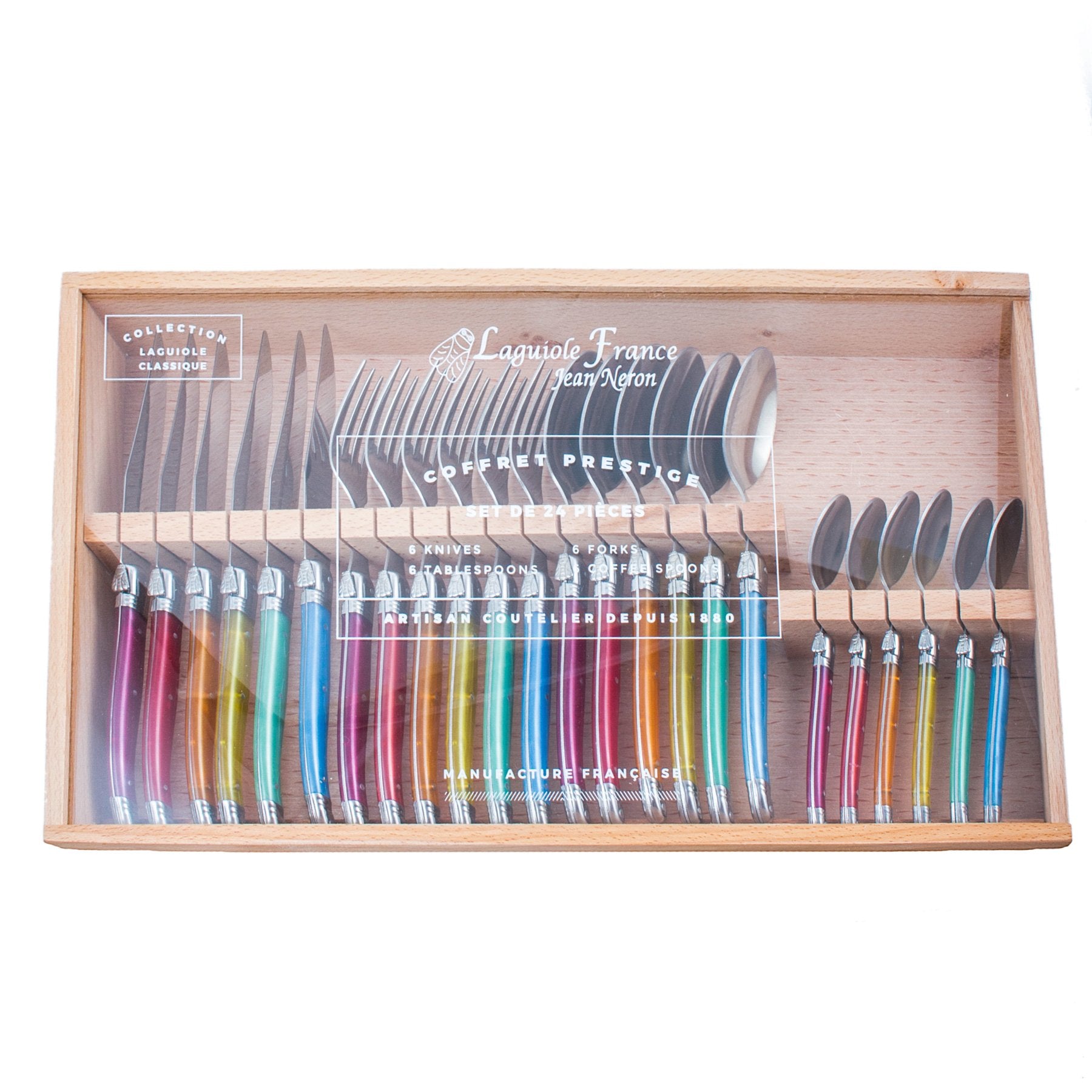 Laguiole 24 Piece Rainbow Flatware in Wooden Box - French Dry Goods