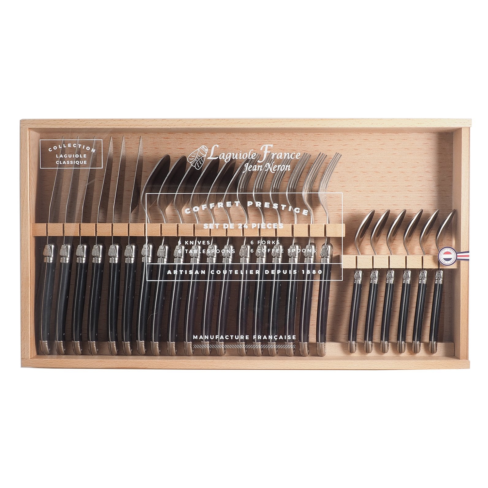 Laguiole 24 Piece Flatware in Black with Wooden Box - French Dry Goods