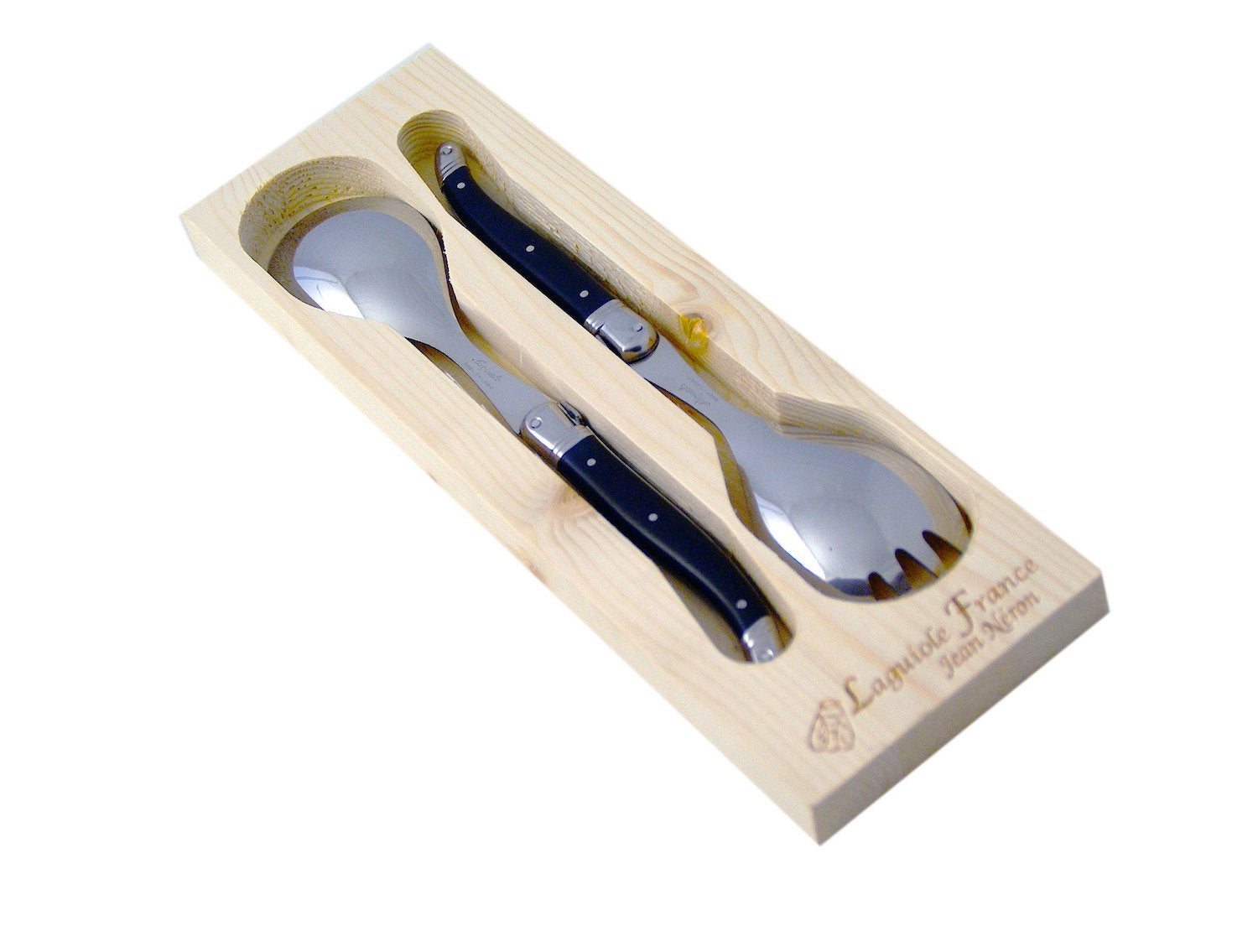 Jean Neron Laguiole Black Salad Serving Set in Wood Box - French Dry Goods