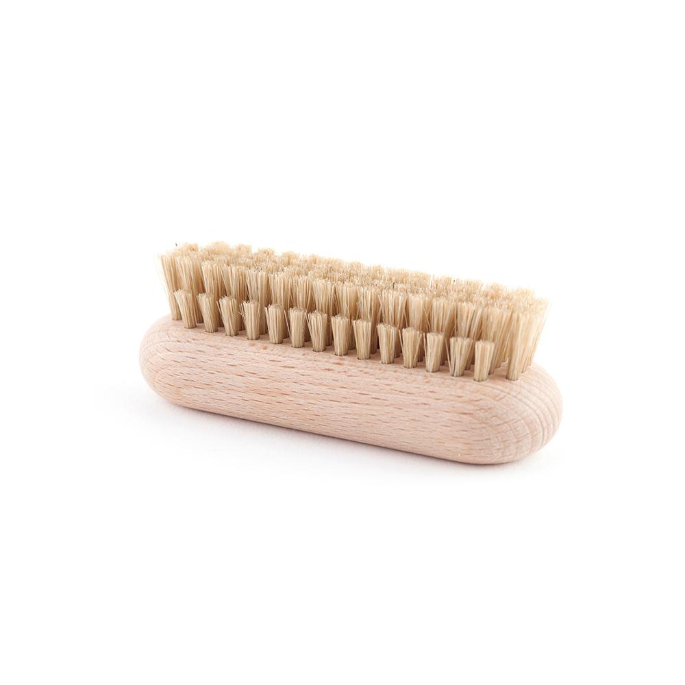 Wooden nail brush with natural bristles.