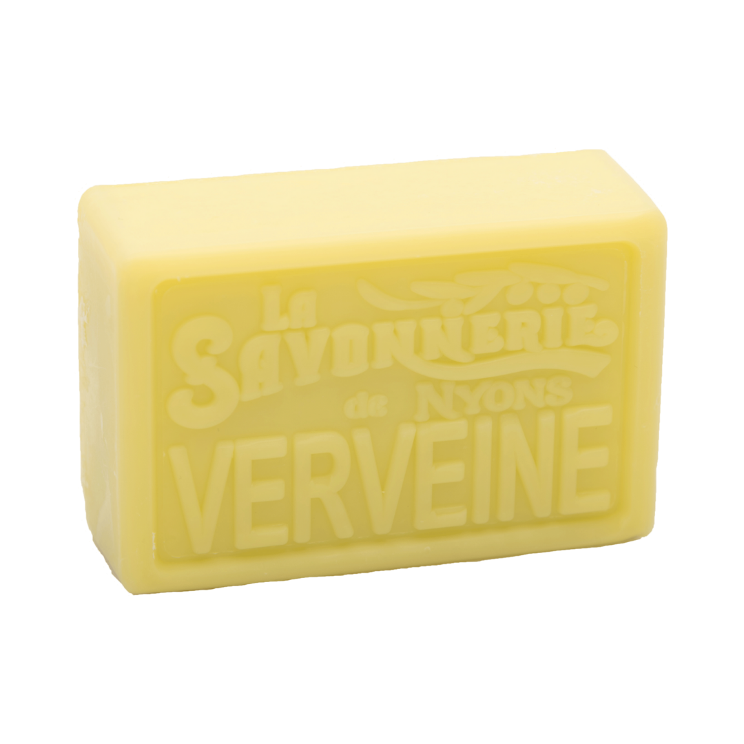 Bright yellow-green bar of soap reading La Savonnerie de Nyons Verveine.