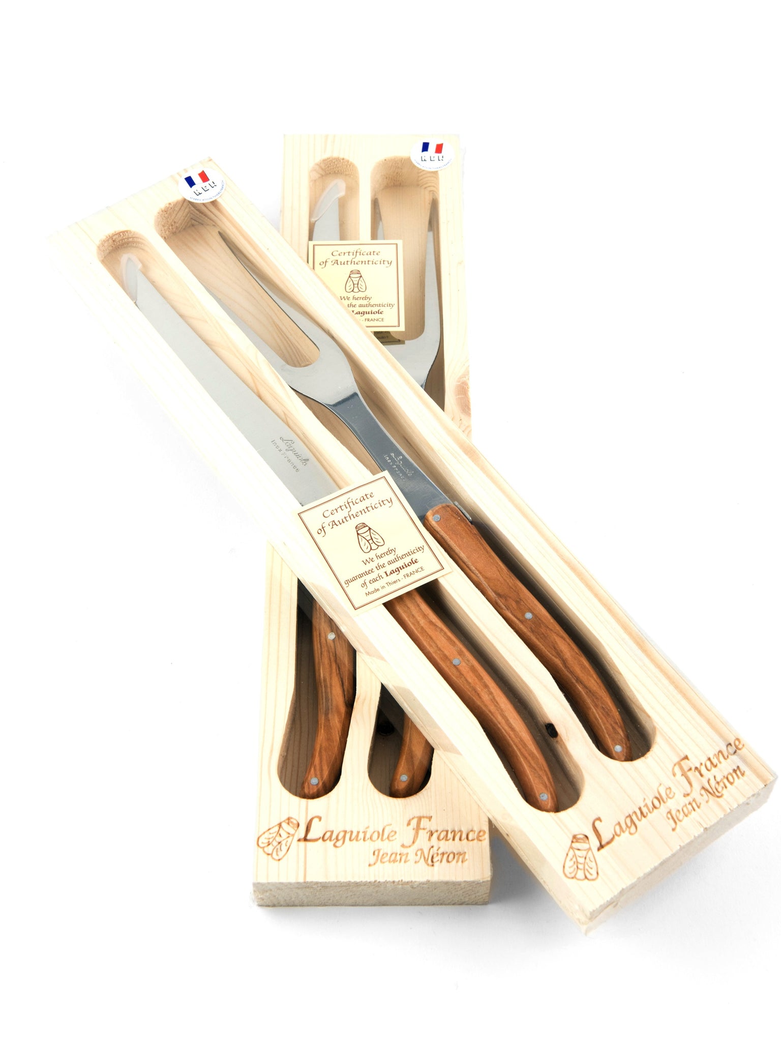 Laguiole French Olivewood Carving Set in Wood Box (Carving Knife and Carving Fork) - French Dry Goods