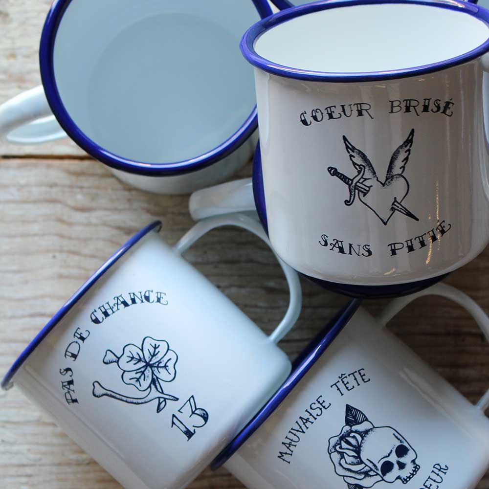 Orban & Sons Tatouage "Pas de Chance" Enamel Mug (Set of 4) - French Dry Goods