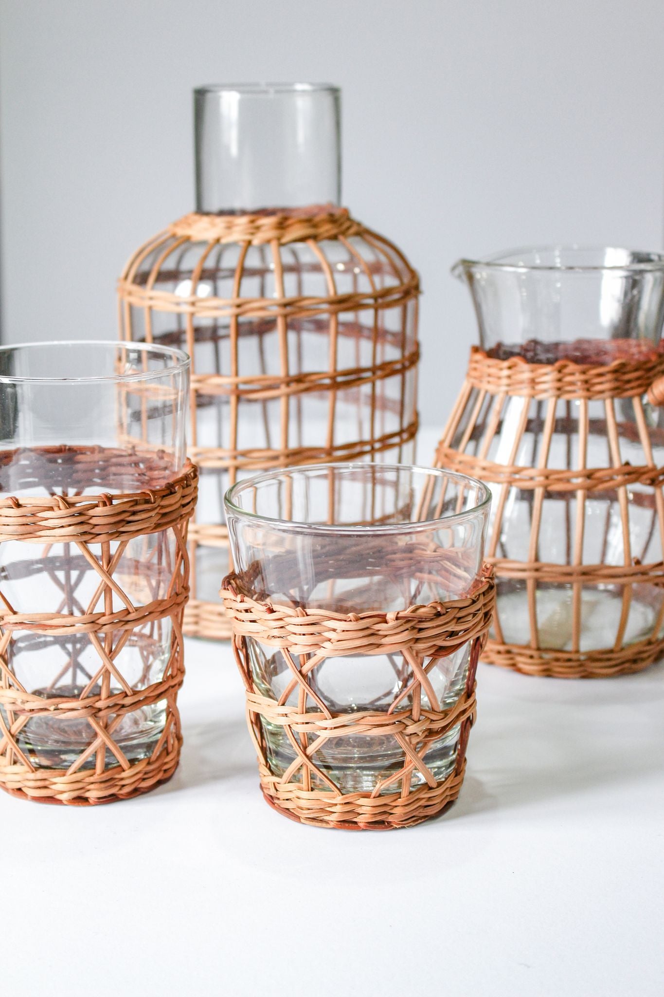Rattan Wrapped Glass Highball Tumblers Glassware Pitchers Carafes