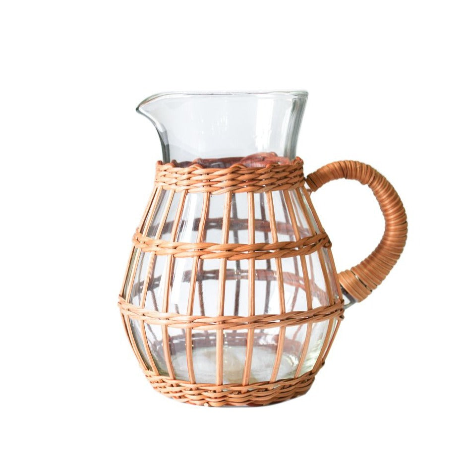 Rattan Wrapped Glass Pitcher with Handle