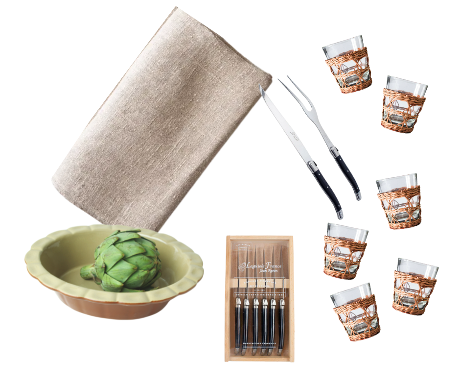 Thanksgiving Table Bundle: Thieffry Linen Tablecloth, Rattan Wrapped Glassware, Vintage French Pottery Dish Bowl, Black Laguiole Steak Knives, and Black Laguiole Carving Set
