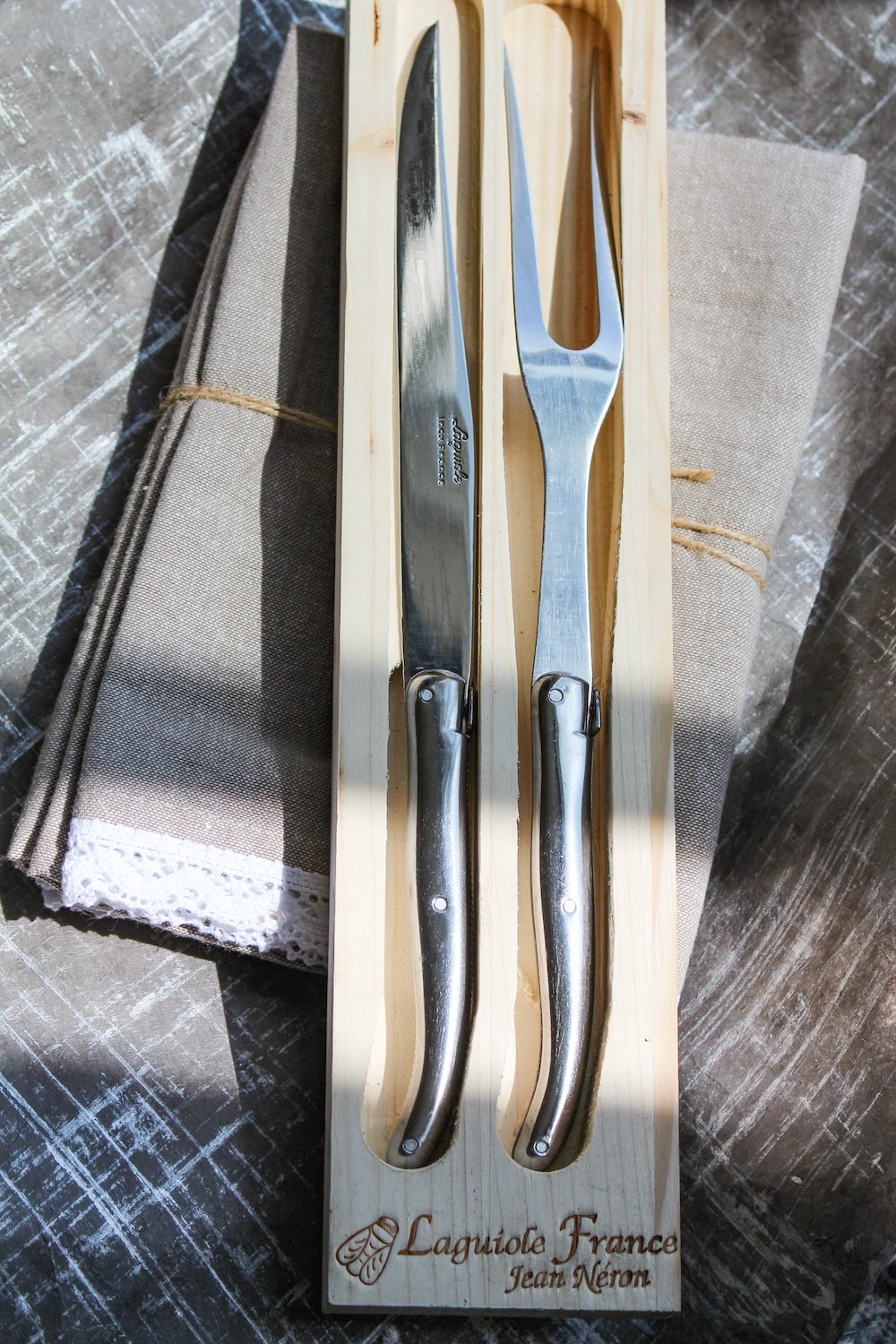 Laguiole Platine Stainless Steel Carving Set in Wood Box