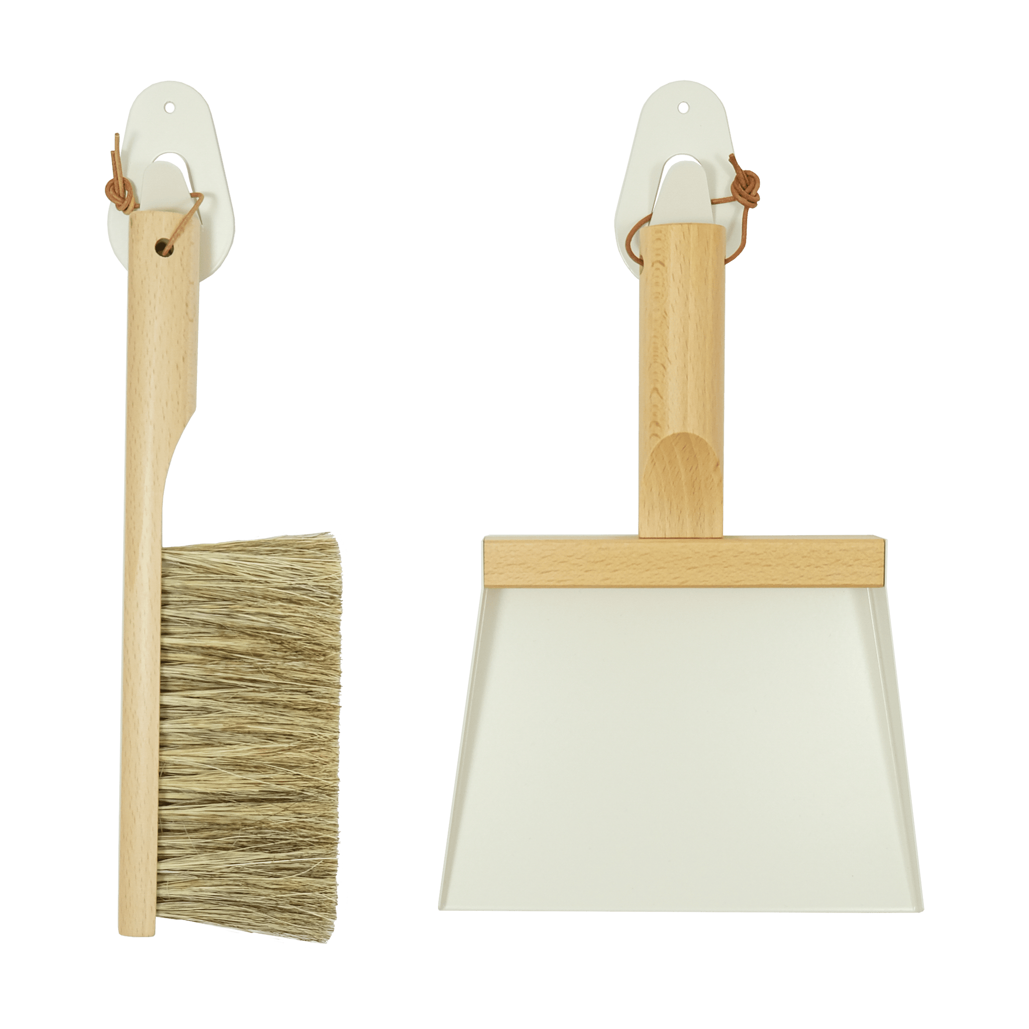 Andrée Jardin Mr. and Mrs. Clynk Cream Dustpan & Brush "Coffret" Gift Set with Two Wall Hooks—Natural Bristles