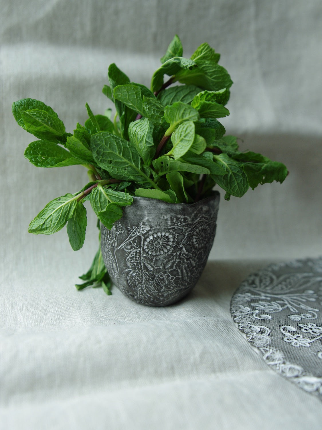 Mint herbs sitting in lace pattern ceramic cup